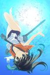  absurdres black_hair brown_eyes freediving full_body highres i-401_(kantai_collection) kantai_collection long_hair nakamura_takeshi ponytail sailor_collar school_swimsuit solo submerged swimsuit swimsuit_under_clothes underwater upside-down 