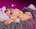  ass bed bed_sheet boxers butt_crack deviantart_username gradient gradient_background heart hyakujuu-ou_golion looking_at_viewer lying male_focus male_underwear muscle on_stomach pillow purple_background scar shirtless signature smile solo takashi_shirogane tan underwear voltron:_legendary_defender watermark zillabean 