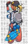  8-bit ass backpack bag blonde_hair blue_eyes breasts bubble_blowing chewing_gum clefairy dark_skin earrings ekans female_protagonist_(pokemon_go) fingerless_gloves gen_1_pokemon gloves hat highres jacket jewelry large_breasts pidgey pikachu poke_ball pokemon pokemon_(creature) pokemon_go ponytail short_hair shorts skateboard smile solo tagane tauros 