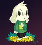  2016 anthro asriel_dreemurr boss_monster caprine child clothing flower fur goat grass green_eyes humanoid long_ears mammal plant sibsy smile standing undertale video_games white_fur young 