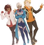  2girls androgynous blanche_(pokemon) blonde_hair blue_eyes brown_hair candela_(pokemon) chishio clenched_hand closed_eyes commentary crossed_arms dark_skin gloves grin hand_on_another's_shoulder highres hood hoodie multiple_girls orange_gloves pantyhose pokemon pokemon_go ponytail short_hair smile spark_(pokemon) spiked_hair v white_background white_hair yellow_eyes 