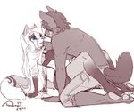  anthro bra canine clothed clothing duo fangs feline female kneeling male male/female mammal monochrome open_mouth simple_background smile suggestive teeth tongue topless tsukinori underwear white_background 