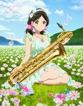  baritone_saxophone beamed_eighth_notes black_hair brown_eyes cloud collarbone day dress eighth_note flower full_body glass_slipper hair_flower hair_ornament hairband hibike!_euphonium highres instrument jewelry looking_at_viewer musical_note necklace official_art ogasawara_haruka outdoors saxophone sitting solo treble_clef twintails 