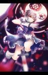  apron bad_id bad_pixiv_id blurry bodice braid dagger dutch_angle gloves highres izayoi_sakuya kneehighs lancefate letterboxed looking_at_viewer maid_headdress parted_lips puffy_sleeves red_eyes ribbon short_hair short_sleeves silver_hair skirt skirt_set solo touhou twin_braids waist_apron weapon white_gloves 