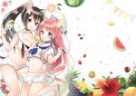  animal_ears apple banana blue_eyes blush breasts brown_eyes brown_hair cat_ears cherry cleavage crop_top cup drink drinking_glass drinking_straw flower food fruit grapes hat hibiscus hug large_breasts leg_lift lemon long_hair medium_breasts midorikawa_you midriff miniskirt multiple_girls navel open_mouth original pineapple pink_hair ponytail sandals shirt short_shorts shorts skirt smile strawberry tail toes very_long_hair watermelon 
