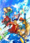  1girl 3boys angelo brown_hair cape dragon_quest dragon_quest_viii dress everyone fire gold green_eyes hero_(dq8) jessica_albert long_hair lowres magic multiple_boys one_eye_closed red_eyes red_hair shield square_enix sword twintails water weapon yangus 
