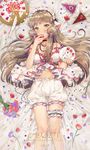  2016 babydoll bad_id bad_pixiv_id bare_shoulders bed_sheet bloomers blueberry blush bouquet breasts brown_hair cake chii chobits dangmill eating flower food frills fruit hairband head_tilt highres holding holding_food holding_plate jewelry knife leg_garter lolita_hairband long_hair looking_at_viewer looking_up lying maid_headdress medium_breasts navel necklace on_back pearl_necklace plate red_ribbon ribbon sidelocks slice_of_cake solo strap_slip strawberry underwear very_long_hair yellow_eyes 