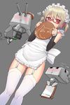  2016 absurdres alternate_costume apron artist_name ass_visible_through_thighs blackblades blush bow cannon commentary_request covering covering_breasts covering_mouth cowboy_shot dated detached_sleeves dutch_angle enmaided eyebrows eyebrows_visible_through_hair frills from_below garter_straps glasses grey_background hair_between_eyes heart hibiki_(zhan_jian_shao_nyu) highres holding holding_tray large_bow looking_at_viewer machinery maid maid_apron maid_headdress no_pants notepad red-framed_eyewear red_eyes red_ribbon ribbon short_hair short_twintails silver_hair skindentation solo standing thighhighs torpedo tray turret twintails verniy_(zhan_jian_shao_nyu) white_bow white_legwear zhan_jian_shao_nyu 
