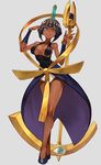  aqua_eyes black_hair breasts cleavage crossed_legs dark_skin egyptian_clothes eliza_(skullgirls) full_body gold grey_background highres lack large_breasts looking_at_viewer simple_background skullgirls solo staff watson_cross 