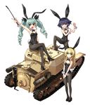  anchovy animal_ears anzio_(emblem) bare_shoulders black_hair blonde_hair blush bow bowtie braid breasts brown_eyes bunny_ears bunny_girl bunny_tail bunnysuit carpaccio carro_veloce_cv-33 cleavage detached_collar drill_hair emblem fake_animal_ears girls_und_panzer green_eyes green_hair ground_vehicle hair_ribbon high_heels katahira_masashi leotard long_hair looking_at_viewer military military_vehicle motor_vehicle multiple_girls necktie open_mouth pantyhose pepperoni_(girls_und_panzer) ribbon riding_crop short_hair side-tie_leotard simple_background small_breasts smile tail tank tankette twin_drills twintails white_background wrist_cuffs 
