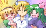  2girls arm_grab bangs blonde_hair blush brother_and_sister fang green_hair heart higurashi_no_naku_koro_ni houjou_satoko houjou_satoshi kurogarasu long_hair love_triangle lowres multiple_girls open_mouth red_eyes siblings sonozaki_shion sweatdrop 