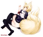  animal_ears ass black_legwear blonde_hair fox_ears fox_tail frills full_body lace lace-trimmed_shirt lace-trimmed_skirt lying no_panties on_side open_mouth original sailor_collar shirt short_hair short_sleeves simple_background skirt solo tail thighhighs torigoe_takumi twitter_username white_background yellow_eyes 