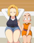  aaa_(nisetsuru) android_18 arms_behind_head arms_up bald belt blonde_hair blush bob_cut breast_grab breasts couch dragon_ball dragonball_z eyes_closed floor from_above grabbing highres kuririn large_breasts legs legs_together open_mouth orange_clothes parted_lips raglan_sleeves short_hair shorts sitting size_difference sleeping snoring thick_thighs thighs 