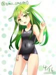  bad_id bad_pixiv_id crescent crescent_hair_ornament green_eyes green_hair hair_ornament highres kantai_collection long_hair nagatsuki_(kantai_collection) omoomomo one-piece_swimsuit school_swimsuit smile solo swimsuit twitter_username 