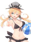  :d anchor_hair_ornament aqua_eyes ball beachball bikini black_bikini black_ribbon blonde_hair blush breast_press breasts cleavage collarbone hair_ornament hat highres holding index_finger_raised kagerou_(shadowmage) kantai_collection long_hair medium_breasts navel one_eye_closed open_mouth peaked_cap pointing prinz_eugen_(kantai_collection) ribbon simple_background smile solo swimsuit teeth twintails white_background 