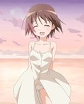  :d ^_^ ^o^ alternate_costume bare_shoulders beach breasts brown_hair buttons closed_eyes cloud commentary_request dress hide_0 horizon medium_breasts miyafuji_yoshika ocean open_mouth panties short_hair sky smile solo strike_witches sundress underwear world_witches_series 