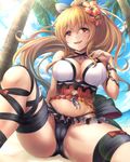  bad_id bad_pixiv_id bare_shoulders blonde_hair blush bow breasts cameltoe flower granblue_fantasy hair_bow hair_flower hair_ornament highres large_breasts long_hair looking_at_viewer mutsuba_fumi open_mouth palm_tree ponytail red_eyes smile solo spread_legs tree vira_lilie 
