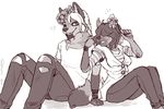  &lt;3 anthro canine clothed clothing collar duo fangs female flower hair_over_eyes male male/female mammal monochrome one_eye_closed open_mouth plant simple_background sitting smile teeth tongue torn_clothing tsukinori white_background 