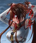  alternate_hairstyle blood blood_on_face bloody_clothes bloody_hands breasts brown_hair commentary_request cutting_hair kantai_collection large_breasts mrdotd purple_eyes severed_hair short_hair_with_long_locks signature sky solo torn_clothes yamato_(kantai_collection) 