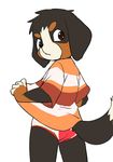  &lt;3 annoyed anthro bernese_mountain_dog briefs canine clothed clothing clothing_lift cub dog flat_colors looking_back male mammal manmosu_marimo raised_tail rear_view shirt shirt_lift standing underwear young 