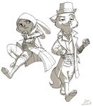  alec8ter assassin&#039;s_creed black_and_white canine clothing coat cosplay disney duo female fox half-closed_eyes hat hidden_blade hood jacket judy_hopps knife lagomorph male mammal monochrome nick_wilde rabbit simple_background smile top_hat video_games zootopia 