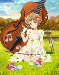  bass_clef beamed_eighth_notes brown_hair cloud collarbone day double_bass dress eighth_note flower full_body glass_slipper gloves grass hair_flower hair_ornament hibike!_euphonium highres instrument kawashima_sapphire looking_at_viewer musical_note official_art outdoors plant quarter_note short_hair sitting solo vines wavy_hair white_gloves 