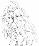  ahoge animal_ears bare_shoulders black_heart bow bowtie breasts bunny_girl bunny_tail bunnysuit detached_collar fake_animal_ears gene_(gear_gene) greyscale highres leotard long_hair medium_breasts monochrome multiple_girls neptune_(series) pantyhose sketch symbol-shaped_pupils tail very_long_hair white_heart wrist_cuffs 