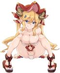  bare_shoulders blonde_hair blue_eyes breasts cleavage collarbone draph fang granblue_fantasy hallessena horns large_breasts looking_at_viewer navel pointy_ears simple_background sitting solo thomasz toenail_polish white_background 