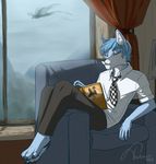  anthro blue_hair book canine clothed clothing hair half-closed_eyes inside male mammal necktie sitting smile solo tsukinori 