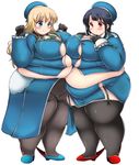  anatomical_nonsense asymmetrical_docking atago_(kantai_collection) bad_anatomy beret big_belly black_hair blonde_hair blue_eyes blush breast_press breast_suppress fat fat_folds frown full_body garter_straps hat high_heels kantai_collection kurokaze_no_sora long_hair long_sleeves military military_uniform multiple_girls obese pantyhose pelvic_curtain red_eyes sad short_hair showgirl_skirt skirt smile takao_(kantai_collection) thighhighs undersized_clothes uniform very_long_hair 