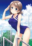  blue_eyes breasts brown_hair competition_swimsuit fence hino_minato_(spec.c) leaning_forward love_live! love_live!_sunshine!! medium_breasts one-piece_swimsuit pool_ladder salute short_hair solo swimsuit watanabe_you 