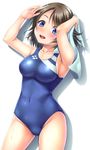  :d blue_eyes breasts brown_hair competition_swimsuit covered_navel love_live! love_live!_sunshine!! medium_breasts noshimasa one-piece_swimsuit one_eye_closed open_mouth short_hair smile solo standing swimsuit towel watanabe_you 