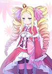  beatrice_(re:zero) blonde_hair blue_eyes blush capelet character_name crown dress drill_hair frilled_ribbon frills fur_trim hair_ribbon li_luo long_hair long_sleeves looking_at_viewer mini_crown pantyhose pink_ribbon re:zero_kara_hajimeru_isekai_seikatsu ribbon solo striped striped_legwear symbol-shaped_pupils twin_drills twintails very_long_hair 