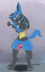  2015 animal_genitalia animal_penis anthro blue_balls canine_penis cum cum_on_hand knot lucario male nintendo nude penis pok&eacute;mon solo standing video_games vimbre 