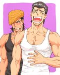  black_hair blonde_hair blush brothers clenched_teeth danganronpa danganronpa_1 laughing looking_away multicolored_hair multiple_boys oowada_daiya oowada_mondo outside_border pectorals pompadour siblings sweatdrop tank_top tearing_up teeth two-tone_hair upper_body yoiko_(hou-kou) 