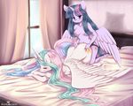  2016 anthro anthrofied bed breasts curtains cutie_mark dildo duo equine feathered_wings feathers female female/female friendship_is_magic fur hair horn inside lying mammal multicolored_hair my_little_pony on_bed on_front pastelmistress princess_celestia_(mlp) purple_eyes purple_fur sex sex_toy smile spread_wings strapon twilight_sparkle_(mlp) white_feathers white_skin window winged_unicorn wings 