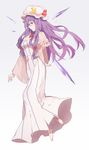  barefoot bespectacled capelet cleavage_cutout crescent crystal dress from_side full_body glasses gradient gradient_background hat highres long_dress long_hair long_sleeves looking_at_viewer mob_cap patchouli_knowledge perri_(mnemosine) profile purple-framed_eyewear purple_eyes purple_hair solo striped striped_dress touhou wide_sleeves 