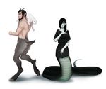 anthro caprine clothed clothing cobra duo female fur goat hitmore horn humanoid hybrid looking_at_viewer male mammal nude reptile scalie simple_background snake standing white_background 