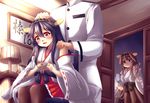  2girls admiral_(kantai_collection) ahoge bangs blush brown_eyes brown_hair commentary_request detached_sleeves empty_eyes fingers_together hair_between_eyes hairband hakama hand_on_another's_head hand_on_another's_shoulder haruna_(kantai_collection) headgear highres implied_yuri japanese_clothes kantai_collection kongou_(kantai_collection) lamp long_hair military military_uniform multiple_girls nervous nontraditional_miko office open_door open_mouth red_hakama rope sidelocks sitting standing suzune_kou thighhighs translated uniform wide_sleeves yandere 