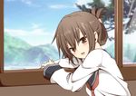  brown_eyes brown_hair folded_ponytail inazuma_(kantai_collection) kantai_collection kisaragi_yuu_(re:lucks) long_hair mountain school_uniform serafuku solo tree window 