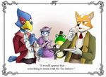  amphibian anthro avian bird black_nose blue_eyes brown_fur canine classy clothing dress english_text eyewear falco_lombardi female fox fox_mccloud frog fur gloves green_eyes group hair_ornament half-closed_eyes hat hi_res jewelry krystal male mammal nintendo quadforcefive scarf slippy_toad star_fox suit table text video_games white_fur 