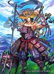  armor armored_boots boots brown_eyes brown_hair cherokee_(1021tonii) cloud company_name day grass hat japanese_armor leaf male_focus motoyama_chikashige mountain original polearm sengoku_taisen shoulder_armor sky sode solo straw_hat teeth trident watermark weapon 