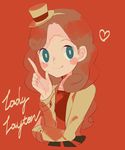  blue_eyes blush_stickers brown_hair coat copyright_name hairband hat heart highres index_finger_raised katrielle_layton layton's_mystery_journey long_hair mini_hat mini_top_hat professor_layton red_background simple_background smile solo top_hat upper_body 
