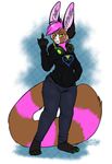  akemi barefoot brown_fur canine clothed clothing colored_nails facial_piercing female fennec fox fur green_eyes hair headphones iko jeans lip_piercing mammal middle_finger pants piercing pink_fur pink_hair solo striped_tail stripes 
