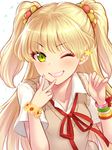  ;d bad_id bad_nicoseiga_id bangs blonde_hair blunt_bangs blush bracelet close-up collared_shirt eyebrows_visible_through_hair eyelashes face fingernails green_eyes grin hair_bobbles hair_ornament hand_gesture idolmaster idolmaster_cinderella_girls jewelry jougasaki_rika long_hair one_eye_closed open_mouth parted_lips pink_lips red_ribbon ribbon shirt short_sleeves simple_background smile solo star sweater_vest teeth two_side_up upper_body v very_long_hair white_background white_shirt wing_collar yapo_(croquis_side) 