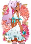  backless_dress backless_outfit blue_eyes bow dark_skin dress earrings endy flower hyakujuu-ou_golion jewelry long_hair looking_at_viewer looking_back pointy_ears ponytail princess_allura purple_hair ribbon short_dress smile solo thighhighs voltron:_legendary_defender 