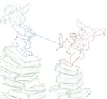  anthro artie_(mizzyam) book bottomless buckteeth clothed clothing duo ear_tag hat lagomorph male mammal marty_(mizzyam) mizzyam one_eye_closed pulling rabbit restricted_palette rope sketch teeth toony uhoh 