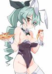  alternate_hairstyle anchovy animal_ears black_bow blush bow breasts brown_eyes bunny_ears bunnysuit cheese cheese_trail cleavage closed_mouth collarbone cowboy_shot detached_collar drill_hair expressionless eyebrows eyebrows_visible_through_hair fake_animal_ears food food_on_body girls_und_panzer green_hair groin hair_between_eyes hair_bow hairband hibimegane holding holding_food holding_pizza leotard looking_at_viewer medium_breasts pizza ponytail simple_background solo standing strapless strapless_leotard sweatdrop thighhighs tsurime white_background white_legwear wrist_cuffs 