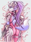  2016 absurd_res anthro black_nose blue_eyes blue_fur blue_hair bodysuit canine clothing crossover female fox fur hair hi_res krystal long_hair mammal naaraskettu nintendo overwatch ponytail purple_hair skinsuit solo star_fox tight_clothing video_games white_fur 