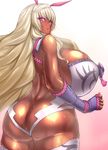  ass bare_shoulders blonde_hair breasts butt_crack curvy dark_skin gigantic_breasts highres huge_ass itou_ittousai_(sengoku_bushouki_muramasa) light_smile long_hair looking_at_viewer looking_back oiled parted_lips pink_eyes ponchi sengoku_bushouki_muramasa shiny shiny_skin sideboob simple_background solo thick_thighs thighhighs thighs very_long_hair white_background white_legwear wide_hips 